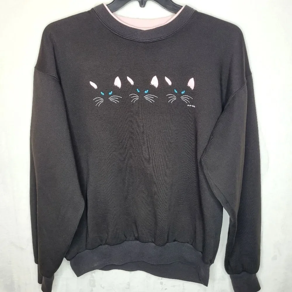 Vintage 80s Acton Cat Face Printed Sweatshirt Size Large